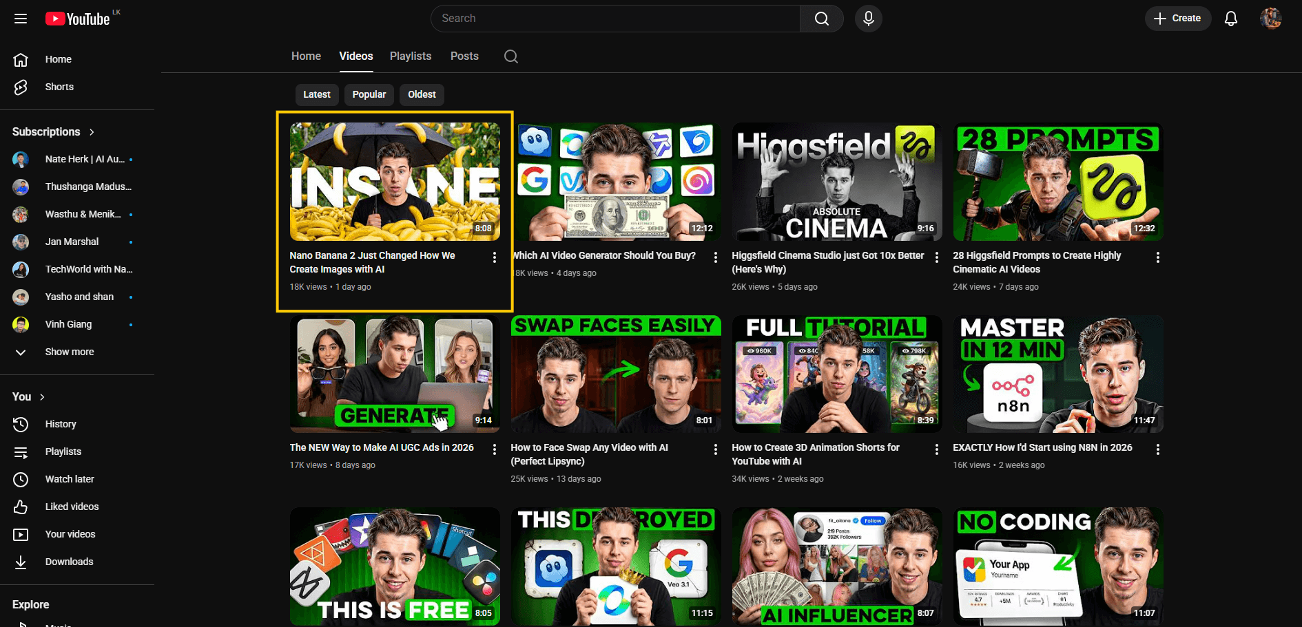 YouTube mobile home feed showing a thumbnail using the text behind image effect standing out among standard designs